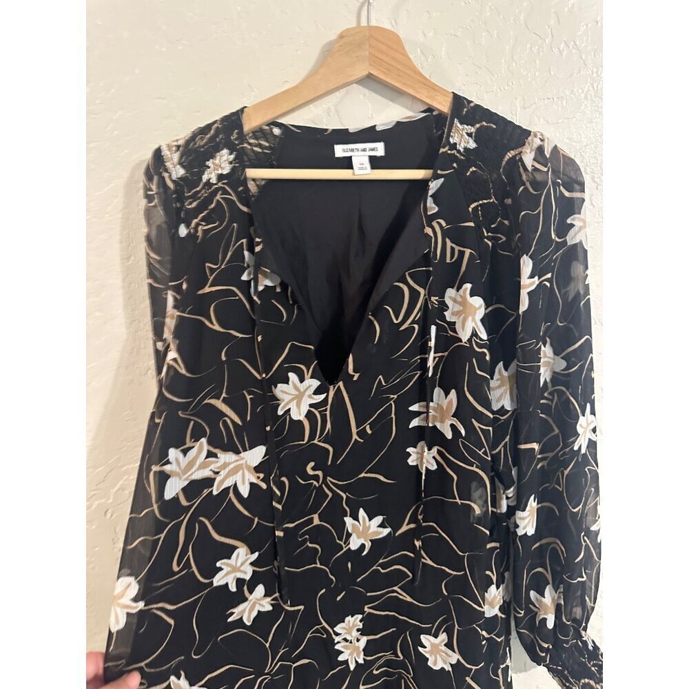 Elizabeth & James Y Black & White Gauzy Floral Long Sleeved Spring Mini Dress - Picture 5 of 11